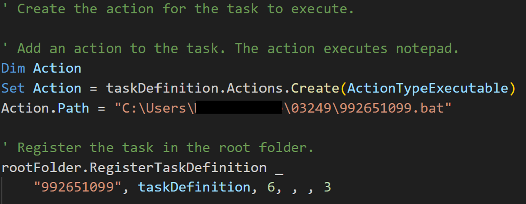 Figure 21. VBScript adds an action to the scheduled task to execute a BAT file
