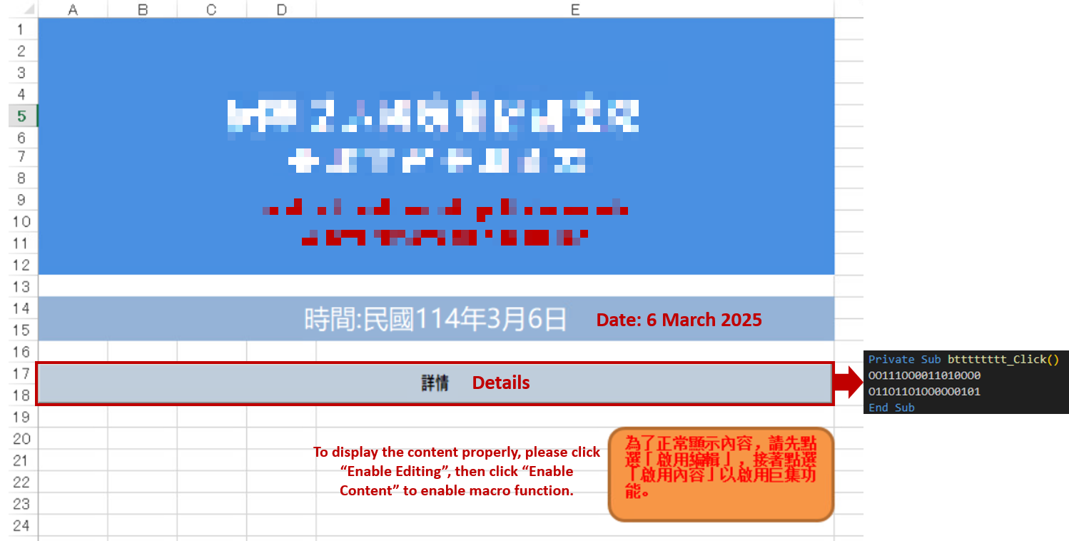 Figure 2. The malicious Excel file requires user manipulation to drop the ANEL components.