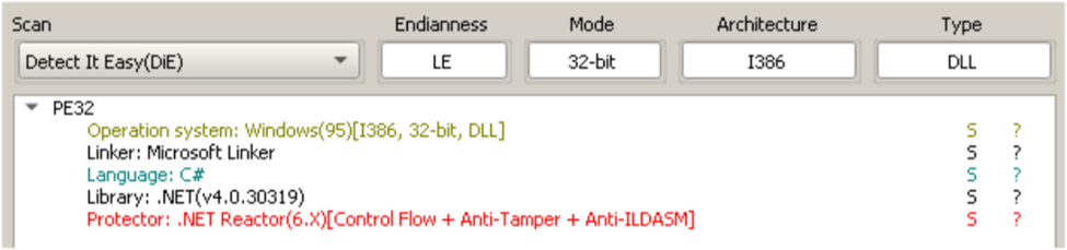 Detect It Easy (DiE) scan showing a .NET Reactor-protected 32-bit DLL with anti-tamper and anti-disassembly features.