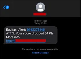 Screenshot of a real smishing case showing a credit score dropped scam as modus with a suspicious link